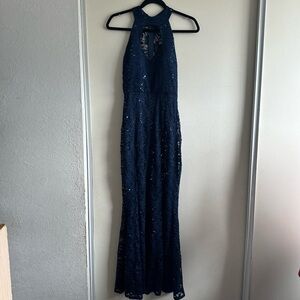 Navy blue lacey sequin halter neck formal dress